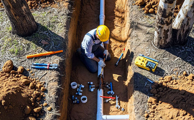 Plumber Repairing Pipe Trench